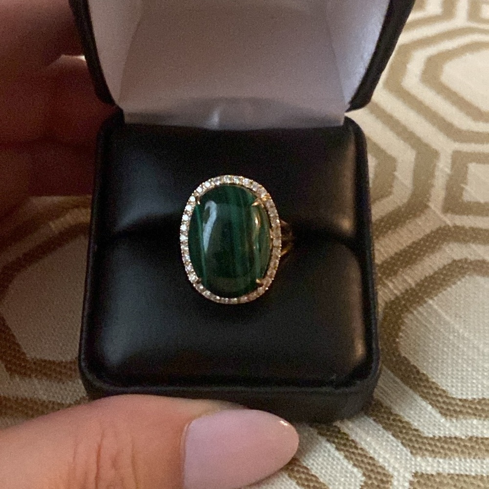 1980s Malachite 14kt Gold Ring With .50ct Diamonds, Approximate Size 7.5 - 8.5 - Picture 4 of 15